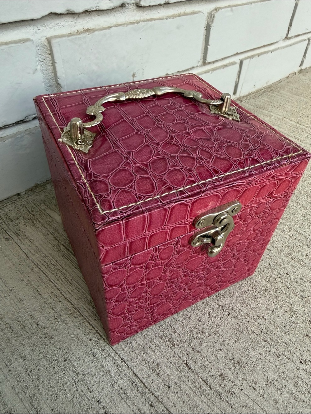 Faux Crocodile Jewelry Box Pink Vintage Style Trinket Case+ Mirror Ring Holder